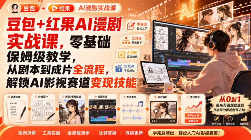 豆包+红果AI漫剧实战课，零基础保姆级教学，从剧本到成片全流程，解锁AI影视赛道变现技能 - 福创网