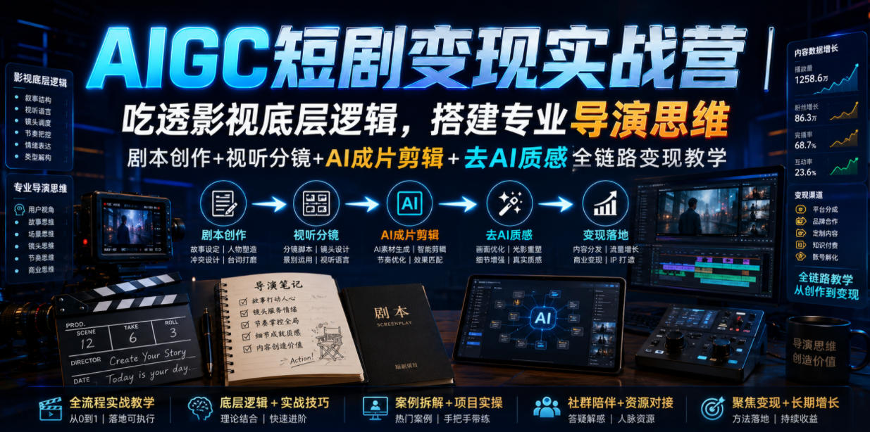 AIGC短剧变现实战营｜吃透影视底层逻辑，搭建专业导演思维，剧本创作+视听分镜+AI成片剪辑+去AI质感全链路变现教学-福创网