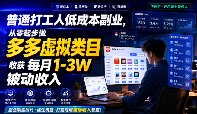 普通打工人低成本副业，从零起步做多多虚拟类目，收获每月1-3W被动收入【揭秘】-福创网