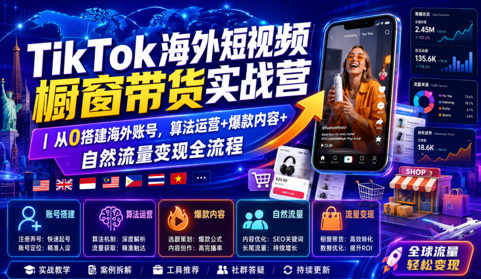 TikTok海外短视频橱窗带货实战营｜从0搭建海外账号，算法运营+爆款内容+自然流量变现全流程-福创网