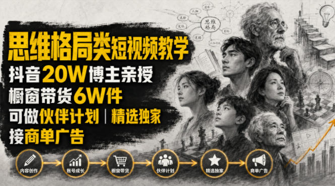 人性思维格局类短视频教学，抖音20W博主亲授，橱窗带货6W件，可做伙伴计划、精选独家、接商单广告-福创网