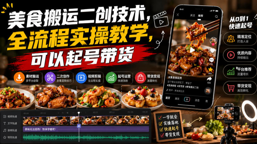 美食搬运二创技术，全流程实操教学，可以起号带货-福创网
