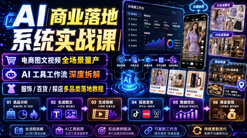 AI商业落地系统实战课｜电商图文视频全场景量产・AI工具工作流深度拆解・服饰/百货/探店多品类落地教程-福创网