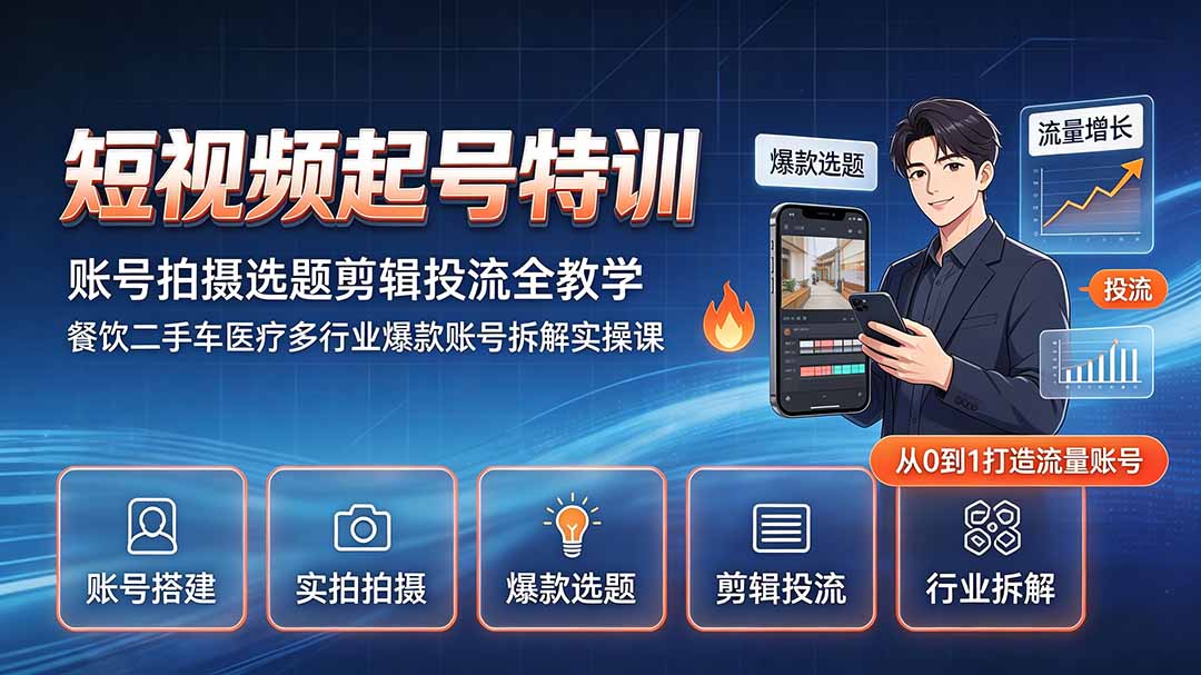 短视频起号特训｜账号拍摄选题剪辑投流全教学，餐饮二手车医疗多行业爆款账号拆解实操课-福创网