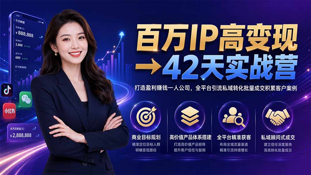 百万IP高变现→42天实战营｜打造盈利赚钱一人公司，全平台引流私域转化批量成交积累客户案例-福创网
