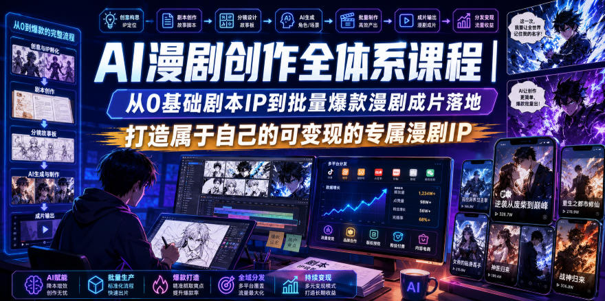 AI漫剧创作全体系课程|从0基础剧本IP到批量爆款漫剧成片落地,打造属于自己的可变现的专属漫剧IP-福创网