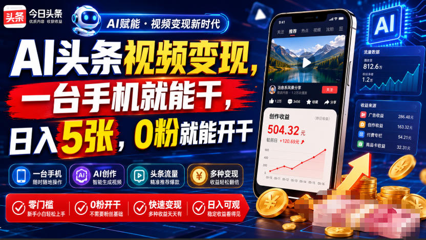 AI头条视频变现，一台手机就能干，日入5张，0粉就能开干-福创网