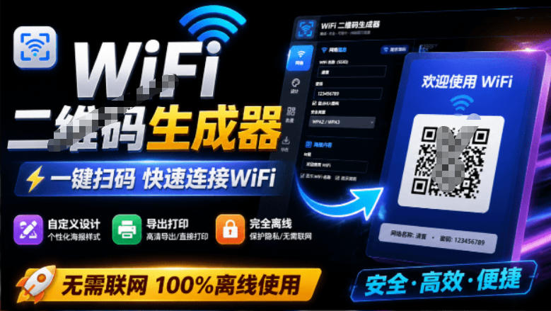 完全离线使用！WiFi二维码生成器，一键扫码快速连接WiFi，支持自定义风格导出WiFi二维码生成器-福创网