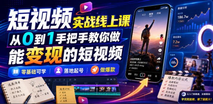 短视频实战线上课，从0到1手把手教你做能变现的短视频，零基础可学，落地起号做爆款-福创网