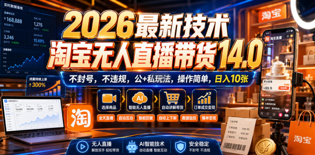 2026最新技术，淘宝无人直播带货14.0，不封号，不违规，公+私玩法，操作简单，日入10张【揭秘】-福创网