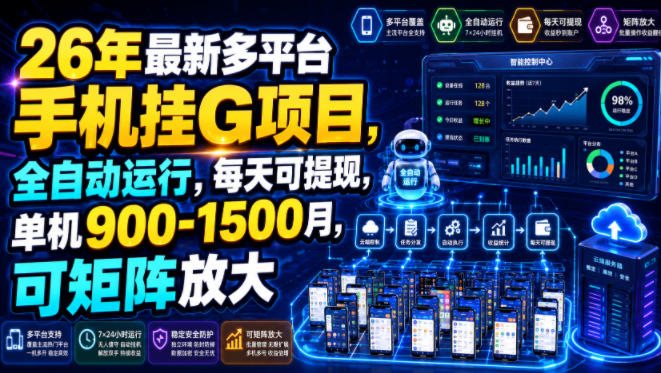 26年最新多平台手机挂G项目,全自动运行,每天可提现,单机900-1500月,可矩阵放大【揭秘】-福创网