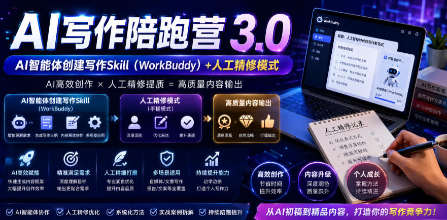 AI写作陪跑营3.0，Ai智能体创建写作skill(workbuddy)+人工手写模式(手搓模式)，去除AI痕迹(头条号、公众号、百家号)(更新0730)-福创网