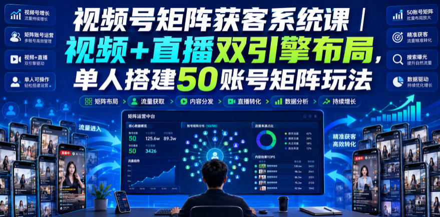 视频号矩阵获客系统课｜视频+直播双引擎布局，单人搭建50账号矩阵玩法，流量入池、搜索占位、全域引流沉淀私域全流程教学-福创网