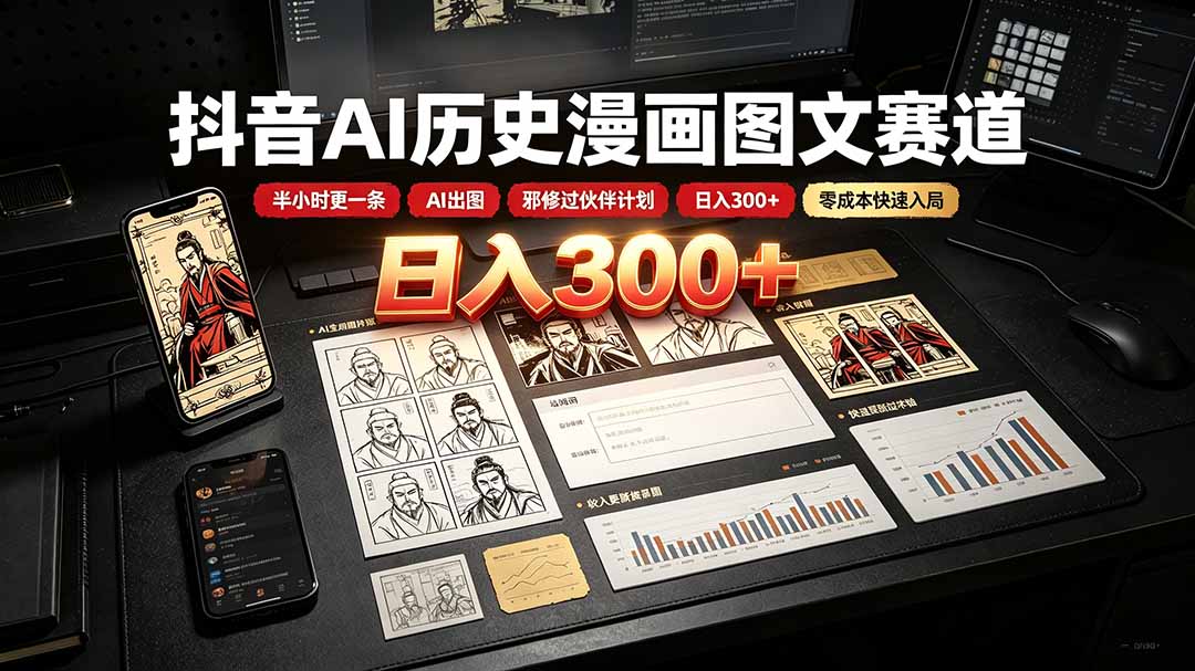 抖音AI历史漫画图文赛道：半小时更一条×AI出图×邪修过伙伴计划×日入300+，零成本快速入局-福创网
