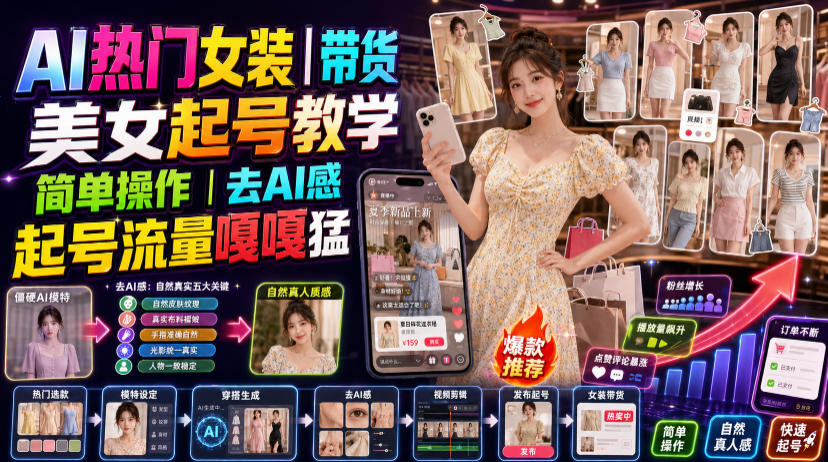 AI热门女装带货丨美女起号教学,简单操作,去AI感,起号流量嘎嘎猛