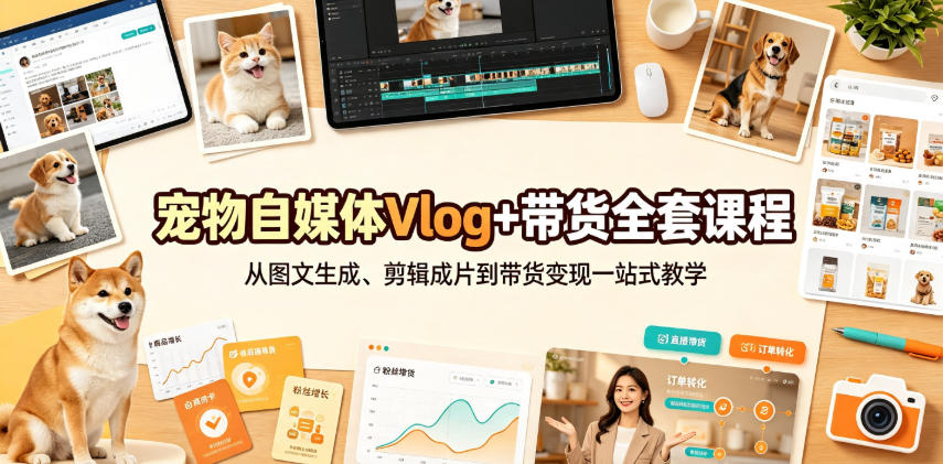 宠物自媒体Vlog+带货全套课程｜从图文生成、剪辑成片到带货变现一站式教学-福创网