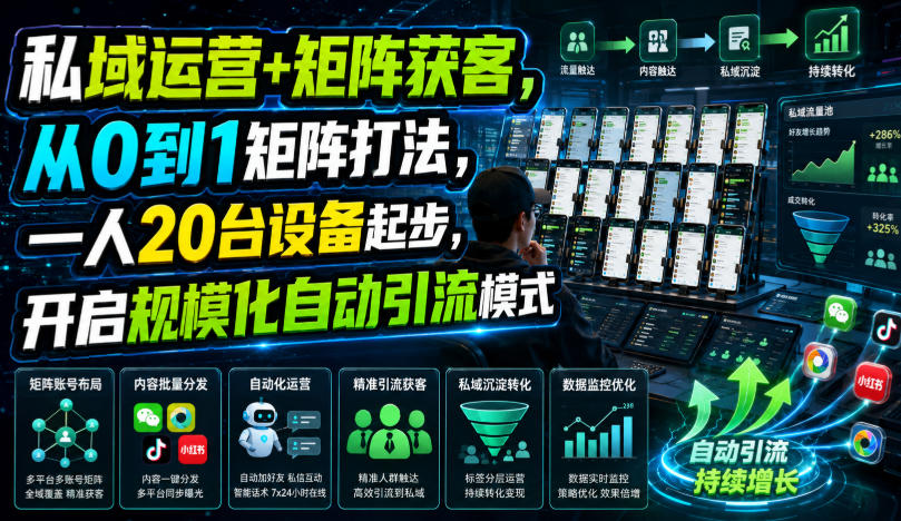 私域运营+矩阵获客，从0到1矩阵打法，一人20台设备起步，开启规模化自动引流模式！-福创网