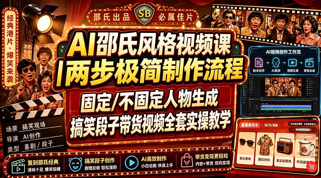 AI邵氏风格视频课｜两步极简制作流程，固定/不固定人物生成，搞笑段子带货视频全套实操教学-福创网