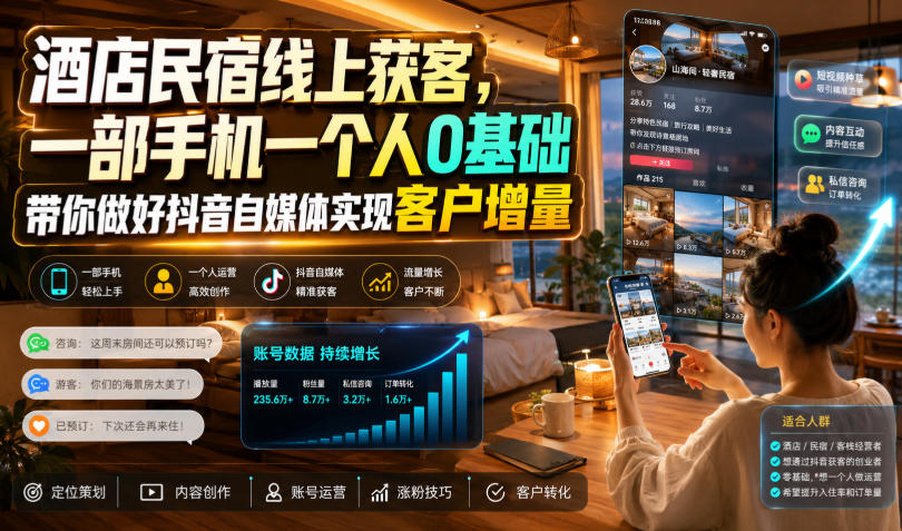 酒店民宿线上获客，一部手机一个人0基础带你做好抖音自媒体实现客户增量-福创网