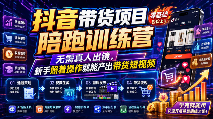 抖音带货项目陪跑训练营，无需真人出镜，新手照着操作就能产出带货短视频-福创网