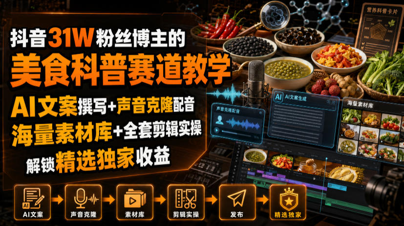 抖音31W粉丝博主的美食科普赛道教学,AI文案撰写+声音克隆配音+剪辑实操,解锁精选独家收益