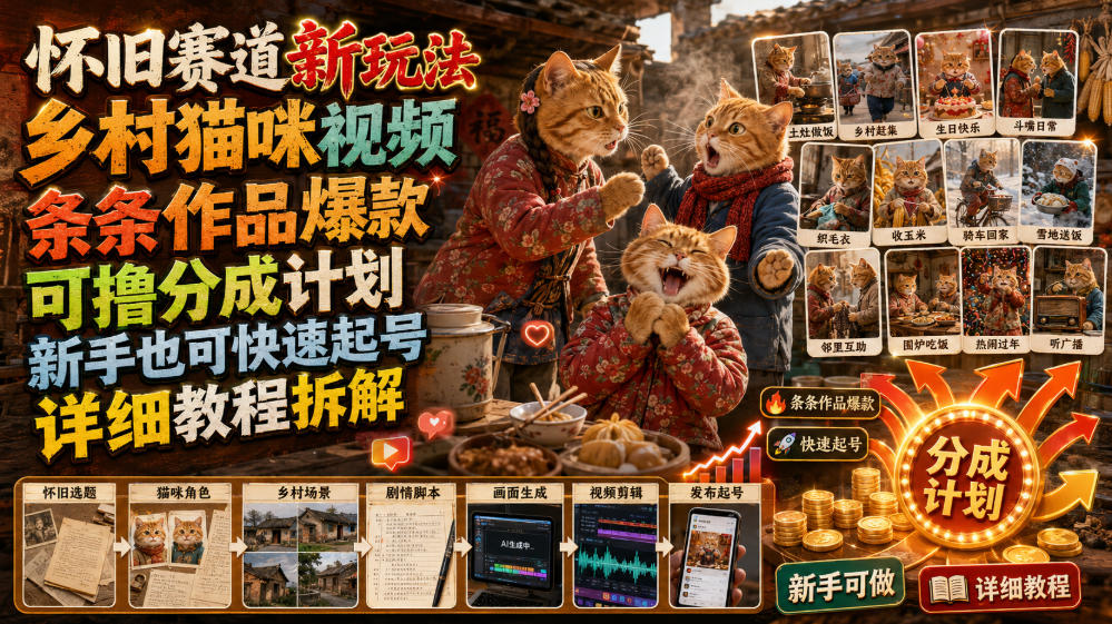 怀旧赛道新玩法，乡村猫咪视频，条条作品爆款，可撸分成计划，新手也可快速起号，详细教程拆解-福创网