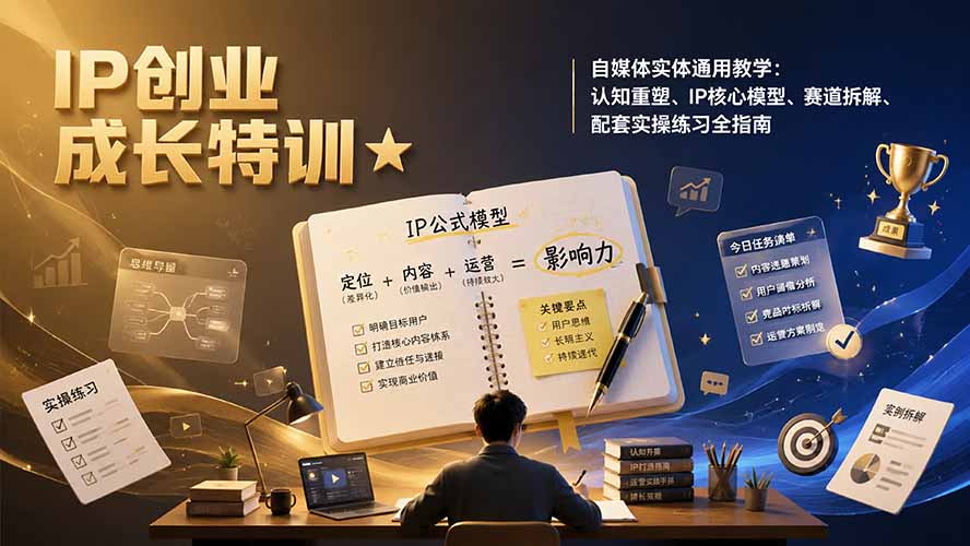 IP创业成长特训★自媒体实体通用教学：认知重塑、IP核心模型、赛道拆解、配套实操练习全指南-福创网
