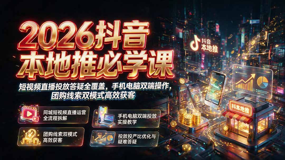 2026抖音本地推必学课｜短视频直播投放答疑全覆盖，手机电脑双端操作，团购线索双模式高效获客-福创网