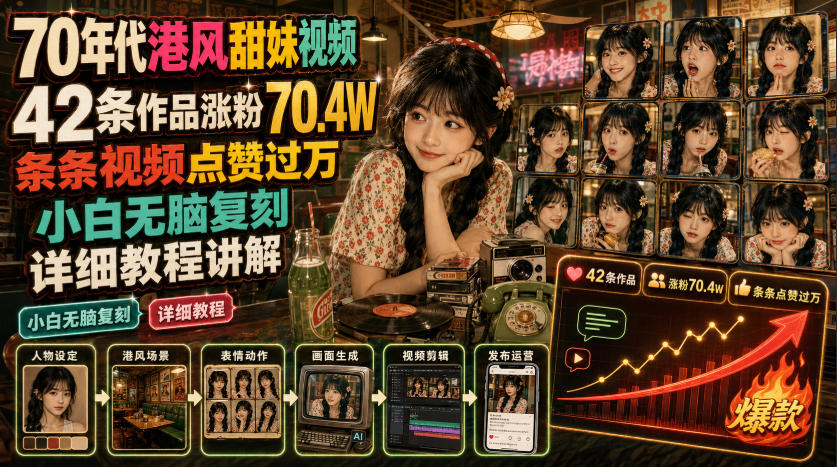 70年代港风甜妹视频，42条作品涨粉70.4W，条条视频点赞过万，小白无脑复刻，详细教程讲解-福创网