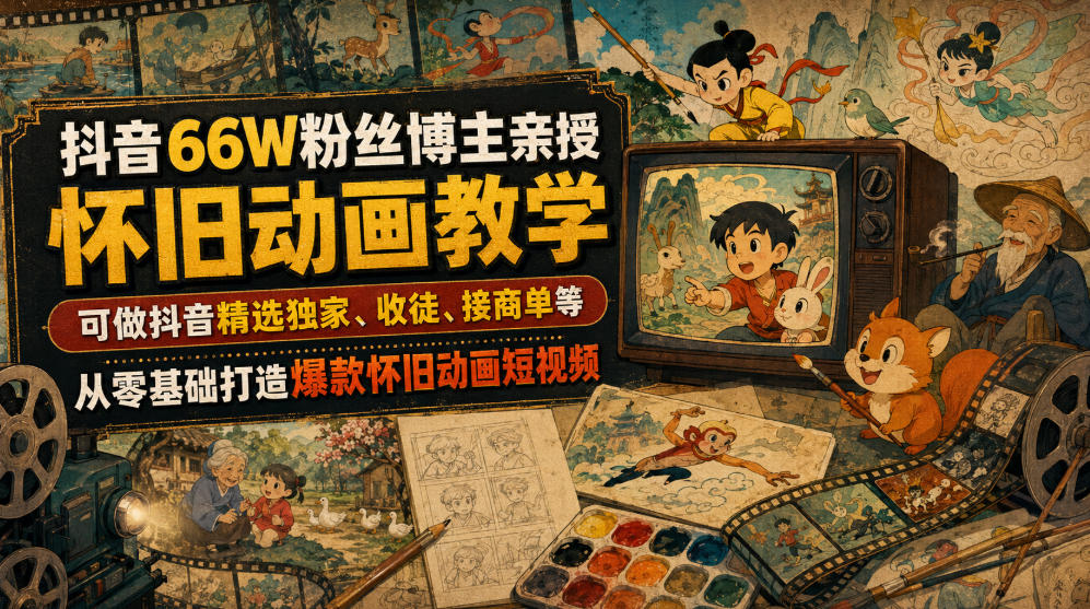 抖音66W粉丝博主亲授怀旧动画教学，可做抖音精选独家、收徒、接商单等，从零基础打造爆款怀旧动画短视频-福创网