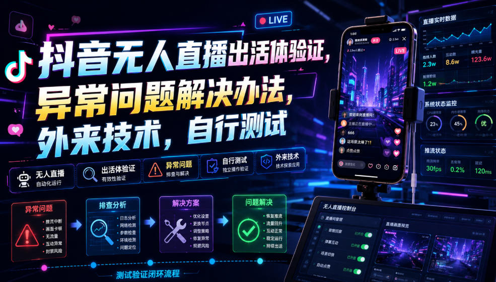 抖音无人直播出活体验证，异常问题解决办法，外来技术，自行测试-福创网