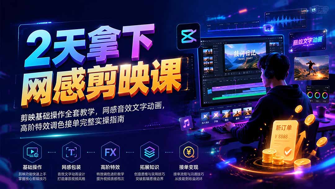 2天拿下网感剪辑课｜剪映基础操作全套教学，网感音效文字动画，高阶特效调色接单完整实操指南-福创网