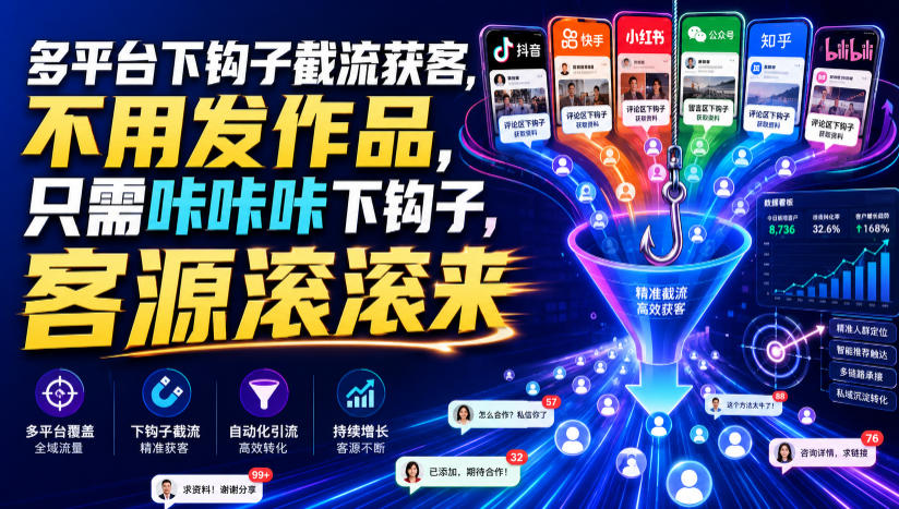 多平台下钩子截流获客，不用发作品，只需咔咔咔下钩子，客源滚滚来-福创网