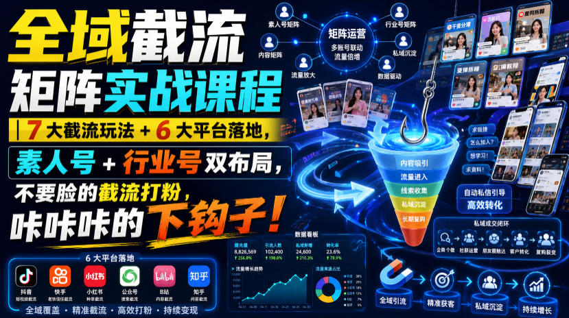 全域截流矩阵实战课程｜7大截流玩法+6大平台落地，素人号+行业号双布局，不要脸的截流打粉，咔咔咔的下钩子！-福创网
