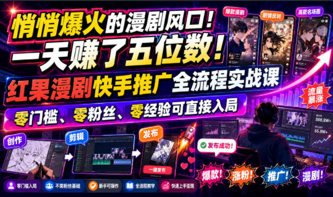 悄悄爆火的漫剧风口！一天賺了五位数！红果漫剧快手推广全流程实战课，零门槛、零粉丝、零经验可直接入局-福创网