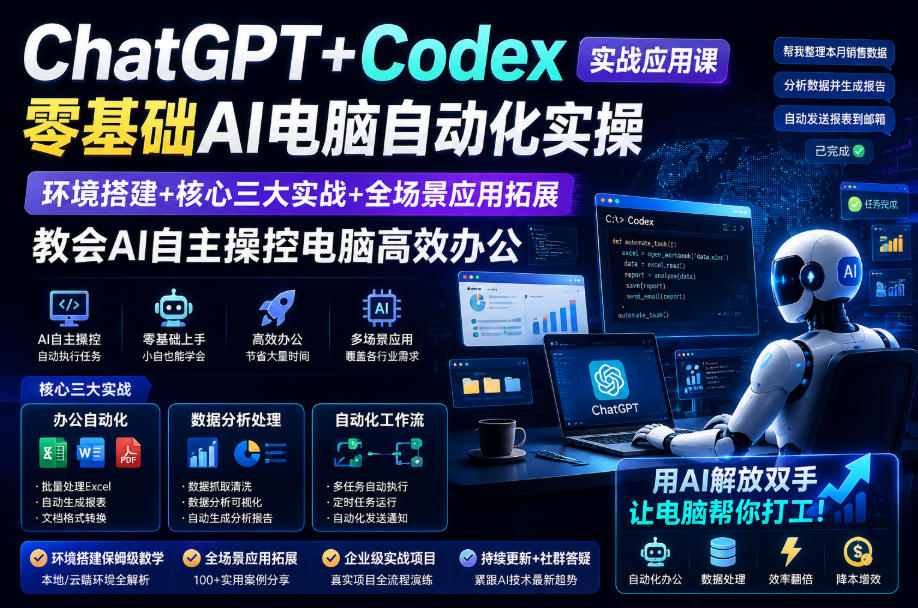 ChatGPT+Codex实战应用课｜零基础AI电脑自动化实操，环境搭建+核心三大实战+全场景应用拓展，教会AI自主操控电脑高效办公-福创网