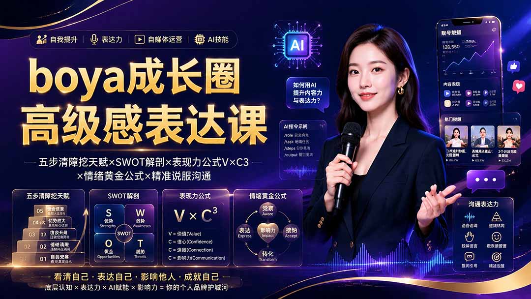 boya成长圈｜内心成长高级表达AI自媒体三合一，消解内耗挖掘天赋，镜头沟通AI指令短视频全流程教学-福创网
