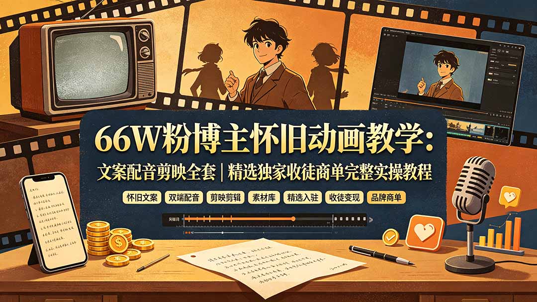 66W粉博主怀旧动画教学：文案配音剪映全套｜精选独家收徒商单完整实操教程-福创网