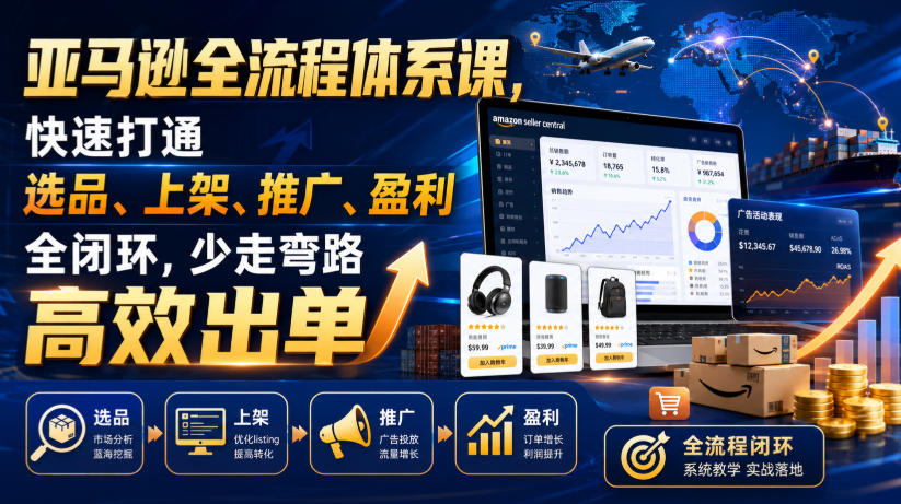 亚马逊全流程体系课，快速打通选品、上架、推广、盈利全闭环，少走弯路高效出单-福创网