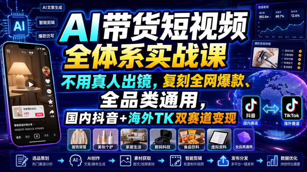 AI带货短视频全体系实战课，不用真人出镜，复刻全网爆款、全品类通用，国内抖音+海外TK双赛道变现-福创网