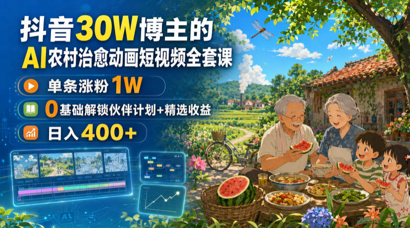 抖音30W博主的AI农村治愈动画短视频全套课｜单条涨粉1W，0基础解锁伙伴计划+精选收益，日入400+-福创网