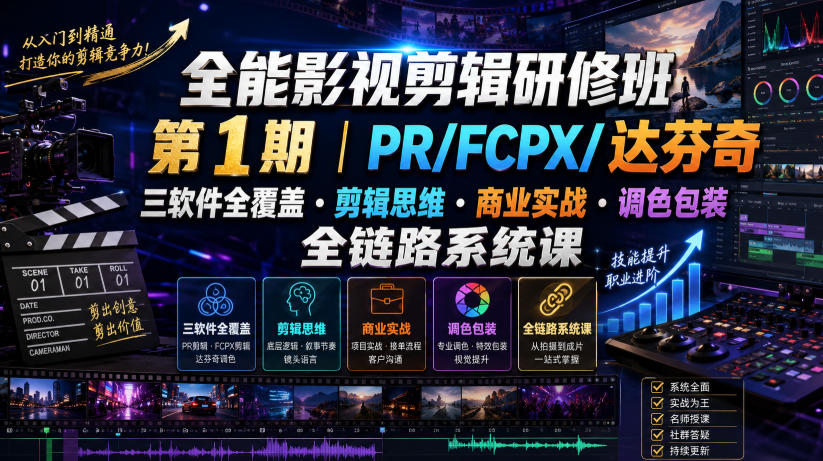 全能影视剪辑研修班第1期｜PR/FCPX/达芬奇三软件全覆盖・剪辑思维・商业实战・调色包装全链路系统课-福创网