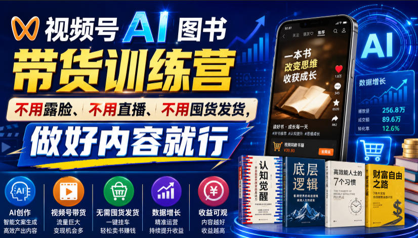 视频号AI图书带货训练营，不用露脸、不用直播、不用囤货发货，做好内容就行，一条爆款视频佣金8942-福创网