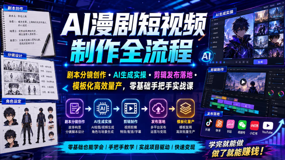 AI漫剧短视频制作全流程｜剧本分镜创作・AI生成实操・剪辑发布落地・模板化高效量产，零基础手把手实战课-福创网