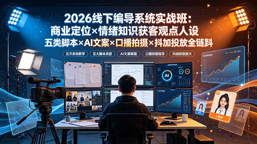 2026线下编导系统实战班：商业定位×情绪知识获客观点人设五类脚本×AI文案×口播拍摄×抖加投放全链路-福创网