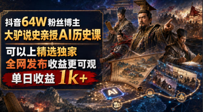 抖音64W粉丝博主大驴说史亲授AI历史课，可以上精选独家，全网发布收益更可观，单日收益1k+-福创网