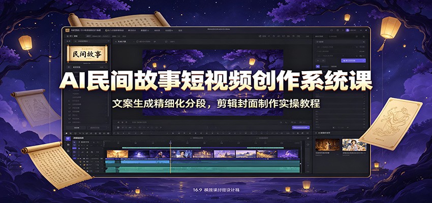 AI民间故事短视频创作系统课：文案生成精细化分段，剪辑封面制作实操教程-福创网