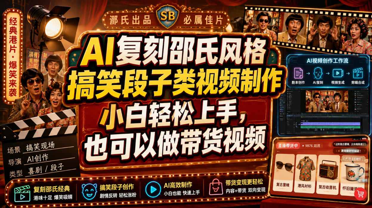 AI复刻邵氏风格搞笑段子类视频制作,小白轻松上手,也可以做带货视频