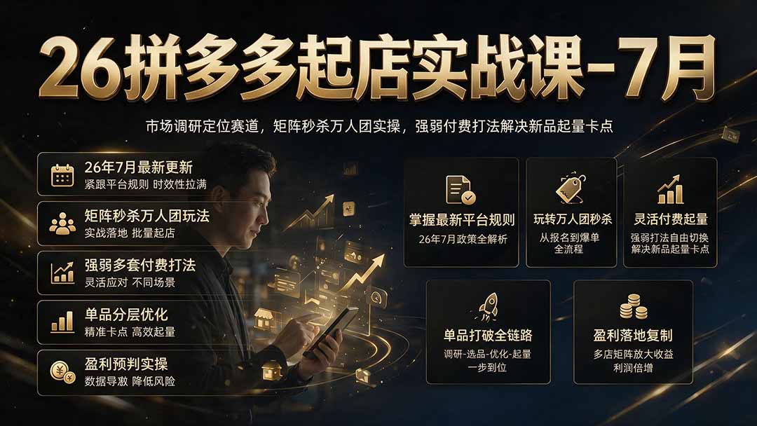 26拼多多起店实战课-7月｜市场调研定位赛道，矩阵秒杀万人团实操，强弱付费打法解决新品起量卡点-福创网