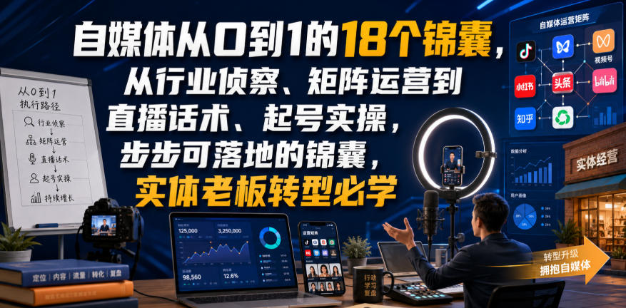 自媒体从0到1的18个锦囊，从行业侦察、矩阵运营到直播话术、起号实操，步步可落地的锦囊，实体老板转型必学-福创网